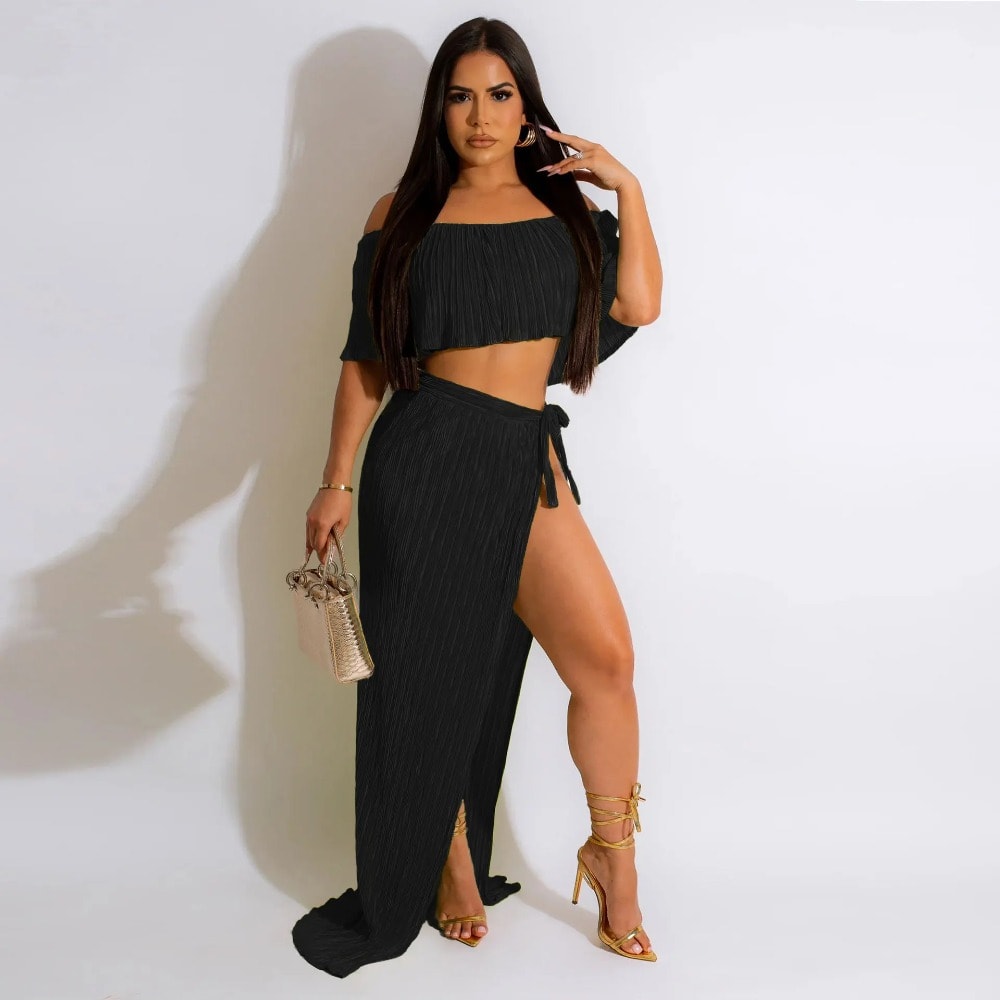 Chic Ruffles Pleated Summer Outfits 2023: Off Shoulder Crop Top + Slit Skirt Club Set